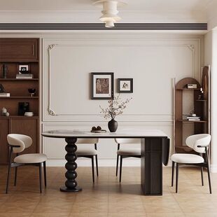 Middle Ancient Style Stone Rock Plate Dining Table Foldable French Style Solid Wood Storage Table Combination Household Oval Dining Table and Chair