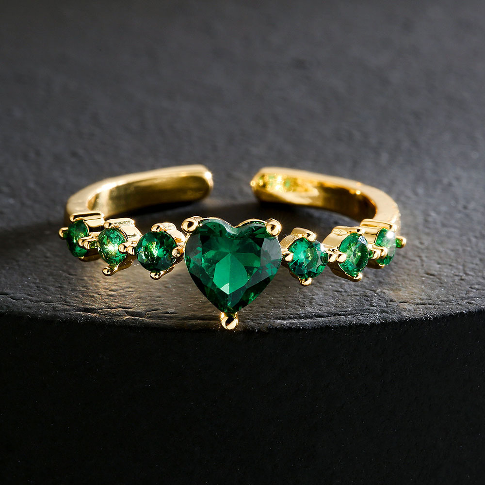 fashion copper 18K gold micro-set zircon crown heart emerald geometric open ring