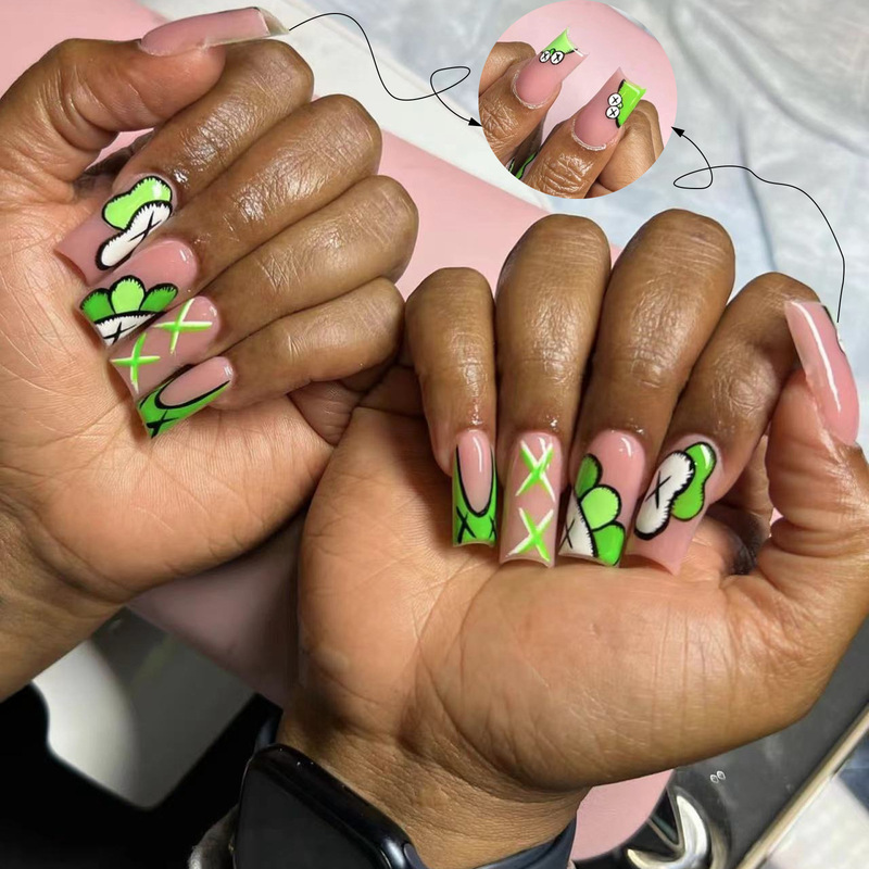 Spring and summer green color jumping French wear nail patch cartoon pattern design cross-border fake nail pressing nail piece
