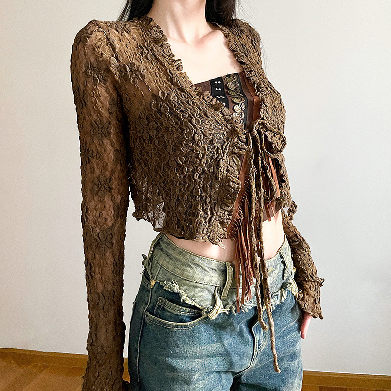 Post-Apocalyptic Lace Kimono Cardigan - Vintage Distressed Floral Embroidery, Bohemian Fringe Vest For Women, Edgy Layering Piece_ecoleips.com