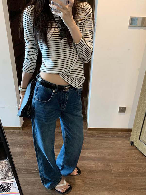 设计感小众条纹长袖T恤女春秋内搭短款打底衫辣妹修身显瘦上衣服|undefined