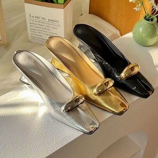 Slippers for Women 2025 Spring and Summer New Style French Socialite Metal Buckle Fish Mouth Square Toe Sexy Sandals for Outer Wear High Heels