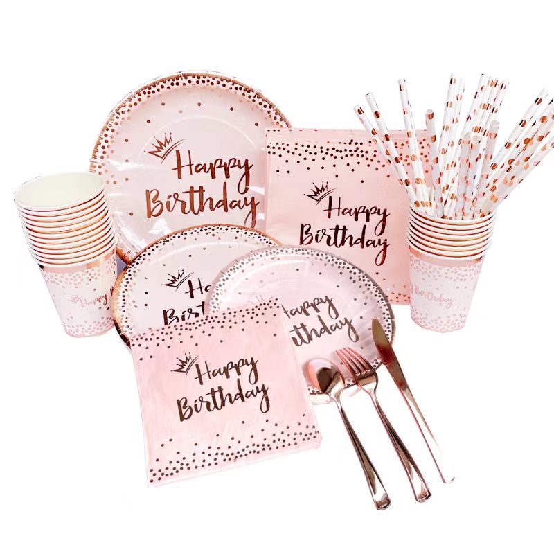 Crown Rose Gold Party Disposable Tableware Party Supplies Decoration Set Tea Party Pink Paper Plates Paper Napkins