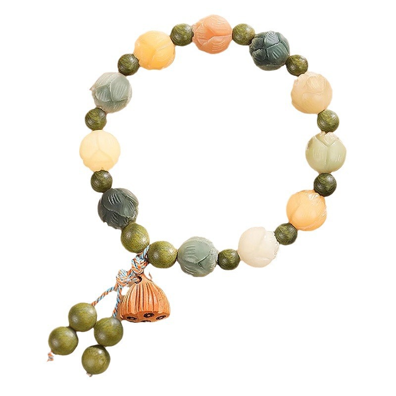 Lingyin Wealth God Same Style Rich Flower Lotus Colored Bodhi Green Sandalwood Water Grass Agate Handcarved Hand Strand, A Lot Of Money And Good Luck_voghion.com