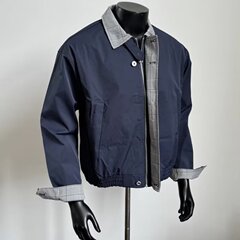 2025年秋季新款美式撞色格纹翻领工装极简宽松休闲藏青夹克外套男