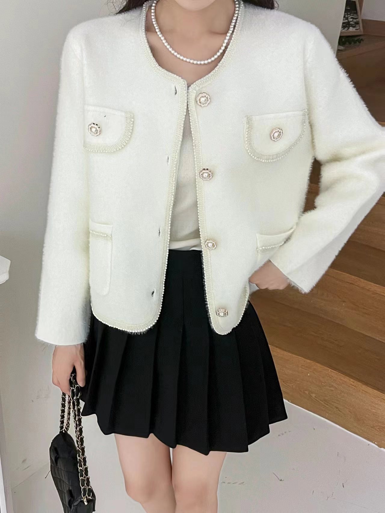 Famous estilo de mujer francesa pequeña fragancia cardigan de punto de mujer otoño y invierno 2024 nuevo cuello redondo manga larga suéter de abrigo image 4
