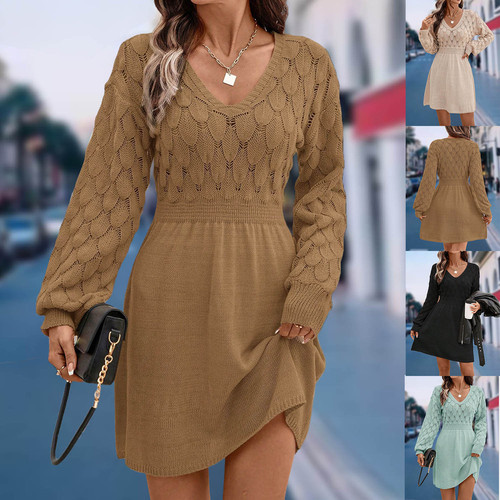 Dress Scales pattern three-dimensional crocheted new European and American V-neck beach dress A-line skirt long-sleeved dress