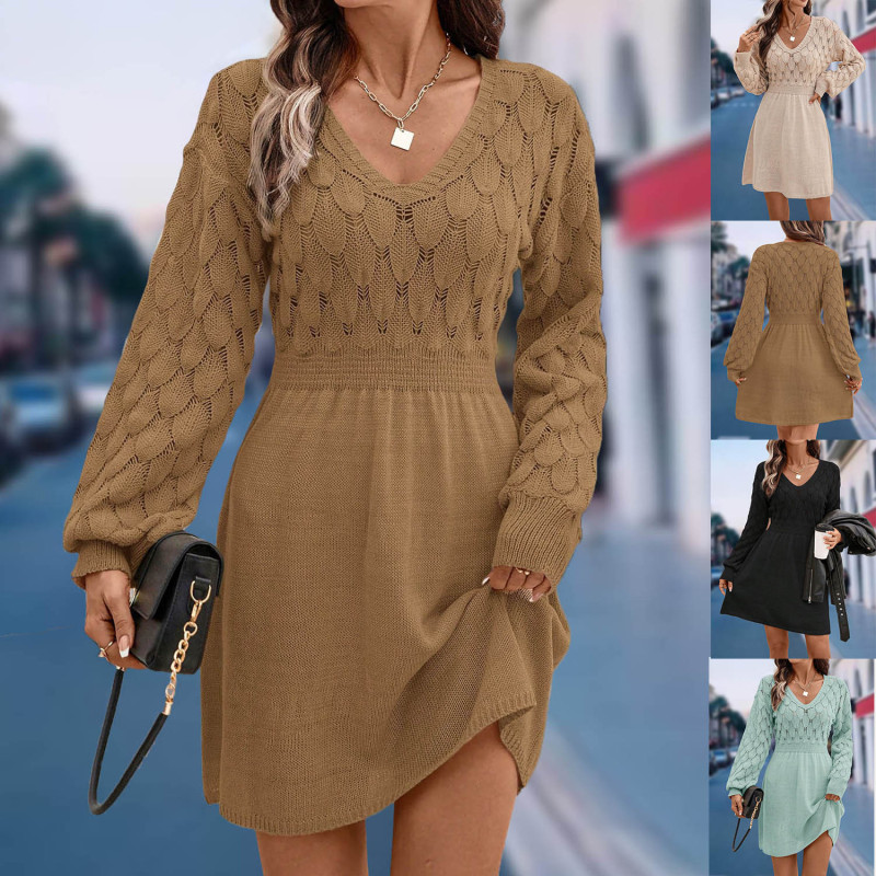 Cross-Border Dress with Scale Pattern, Three-Dimensional Crochet, 2025 New European and American Style, V-Neck Beach Dress, A-Line Dress, Long-Sleeved Dress Cross-Border Dress with Scale Pattern, Three-Dimensional Crochet, 2025 New European and American Style, V-Neck Beach Dress, A-Line Dress, Long-Sleeved Dress