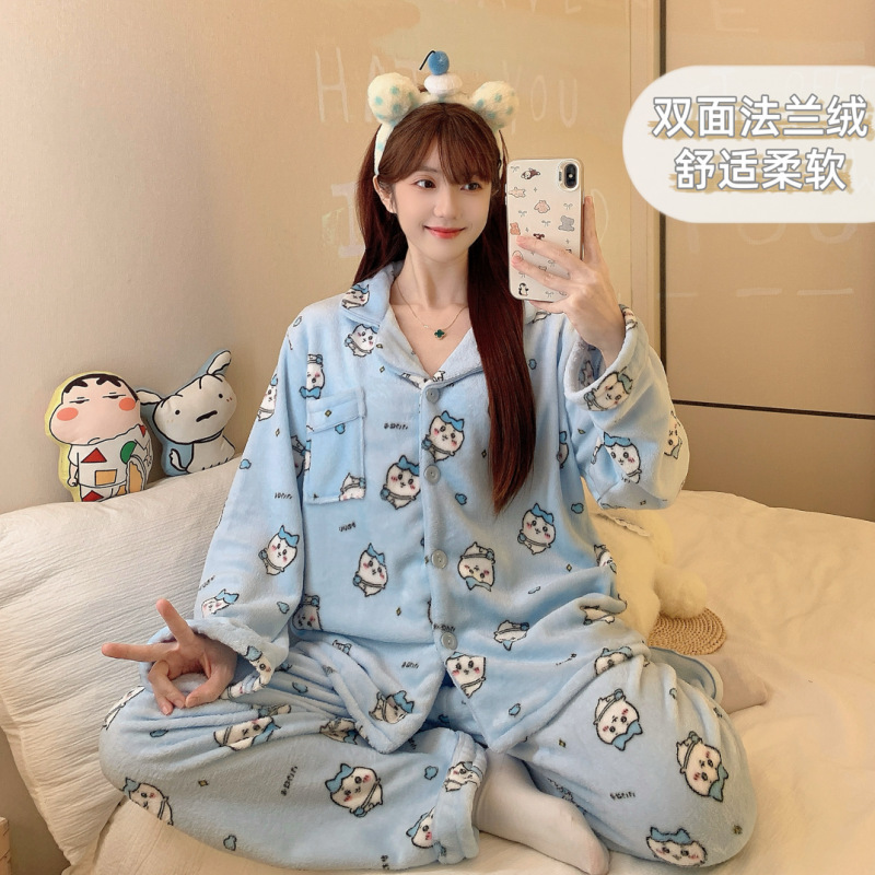 法兰绒睡衣女秋冬季新款韩系卡通条纹长袖加厚保暖少女家居服套装|undefined