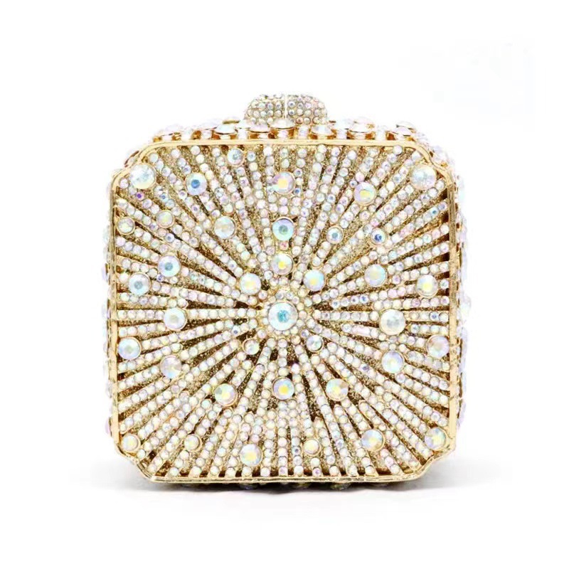 Bolsa de cena con diamantes transfronterizos no vacía caja metálica dura bolsa de diamantes vestido de banquete de mano bolsa de mujer pequeña caja cuadrada