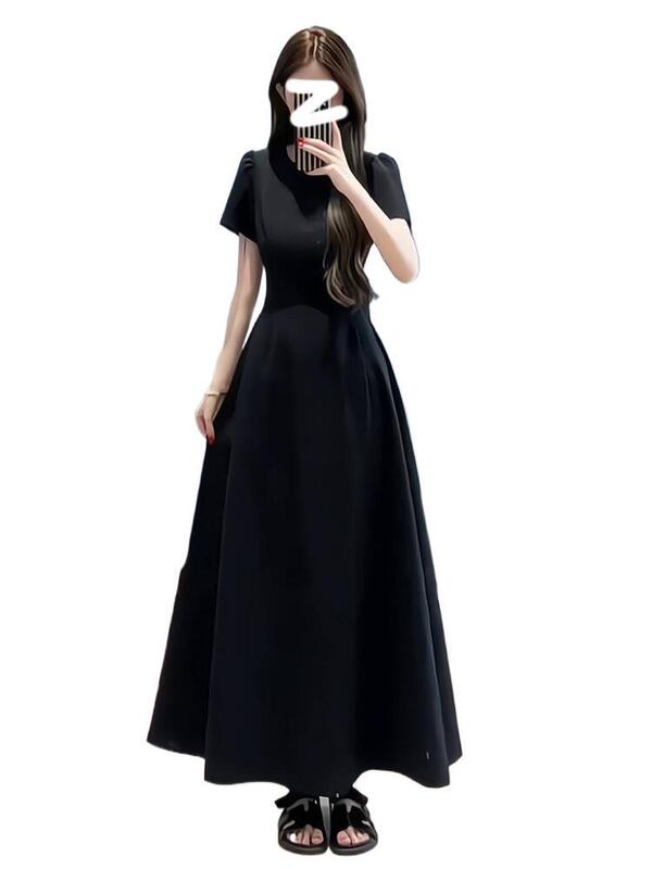 フレンチヘップバーンスタイルの女性用ブラックドレス2025年夏新作小柄な人向けハイエンドウエスト痩身ロングスカート|undefined