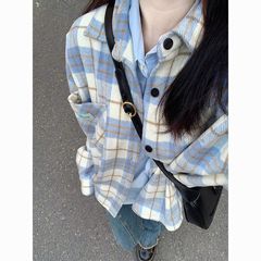 复古格子衬衫外套女夏季正肩小个子宽松休闲防晒港风复古上衣