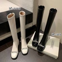 现货仙女风水钻圆头粗跟骑士靴女气质高跟休闲弹力瘦瘦靴长靴女