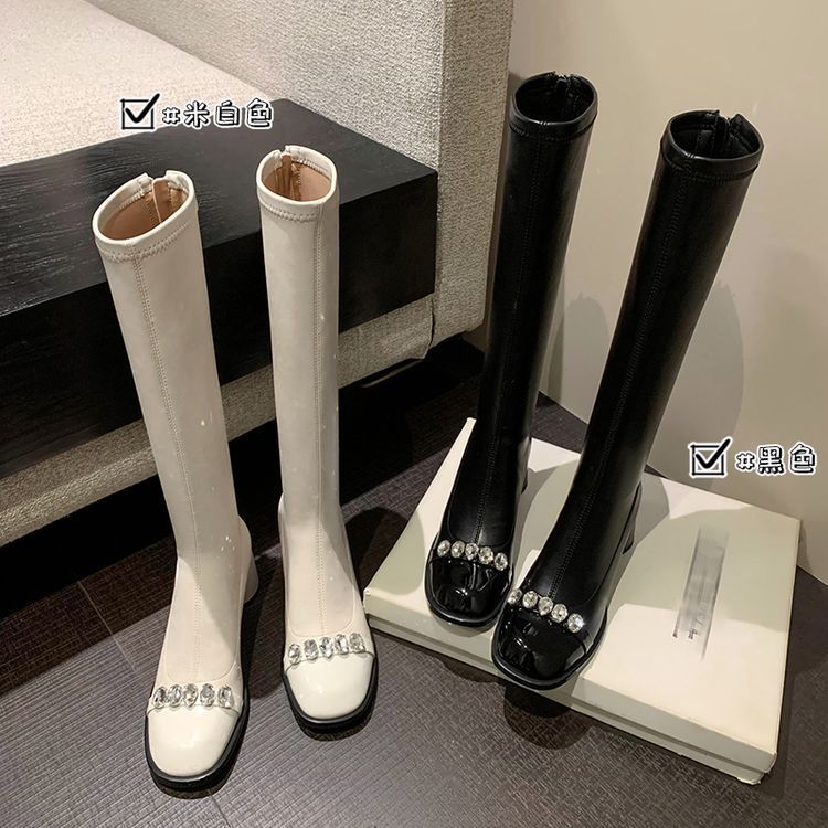 现货仙女风水钻圆头粗跟骑士靴女气质高跟休闲弹力瘦瘦靴长靴女