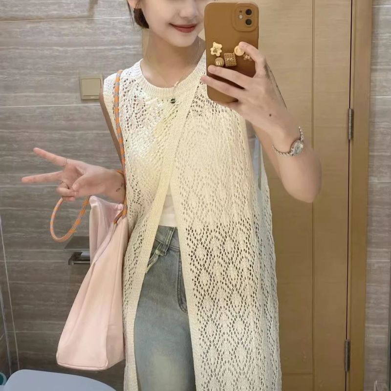 Trendy New Summer French-Style Hollow-Out Ice Silk Knit Tank Dress, Sleeveless, Long, with Slits, Sun-Protective Cover-Up Trendy New Summer French-Style Hollow-Out Ice Silk Knit Tank Dress, Sleeveless, Long, with Slits, Sun-Protective Cover-Up