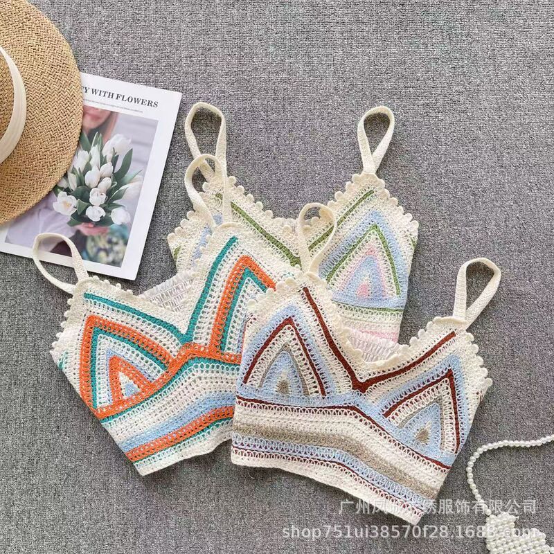 Summer Vacation Style Crochet Hollow Rainbow Striped Camisole Slimming Inner and Outer Beauty Back Short Top