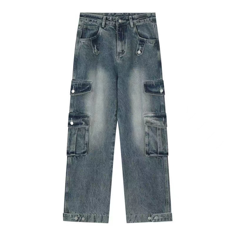Jeans cargo multitasche stile retrò americano da uomo, pantaloni lunghi lavati vintage, stile streetwear pesante_voghion.com