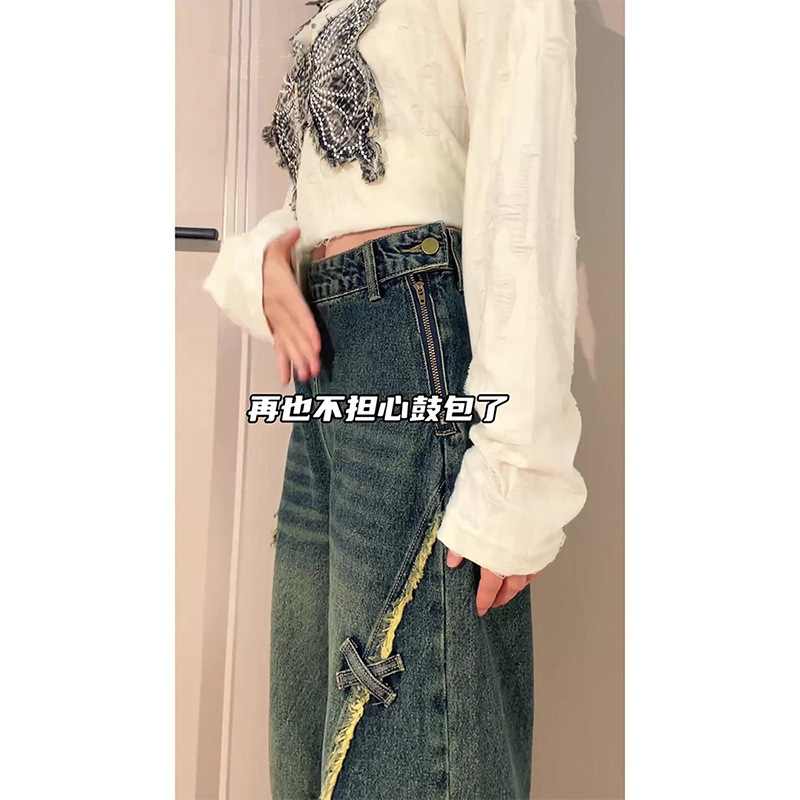 大码美式复古侧边拉链毛边直筒牛仔裤女夏季蝴蝶贴宽松阔腿长裤潮|undefined