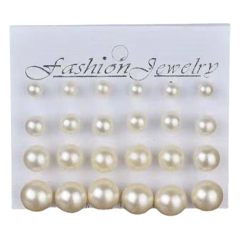 E01 simple classic large small size pearl stud earrings value pack 12 pairs white card set ear pin ball earrings