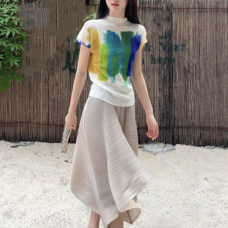 Issey Miyake Irregular Culottes Niche Design Pleated Pants Women's Summer New Cropped Pants Slimming Look High-Waisted Wide-Leg Pants