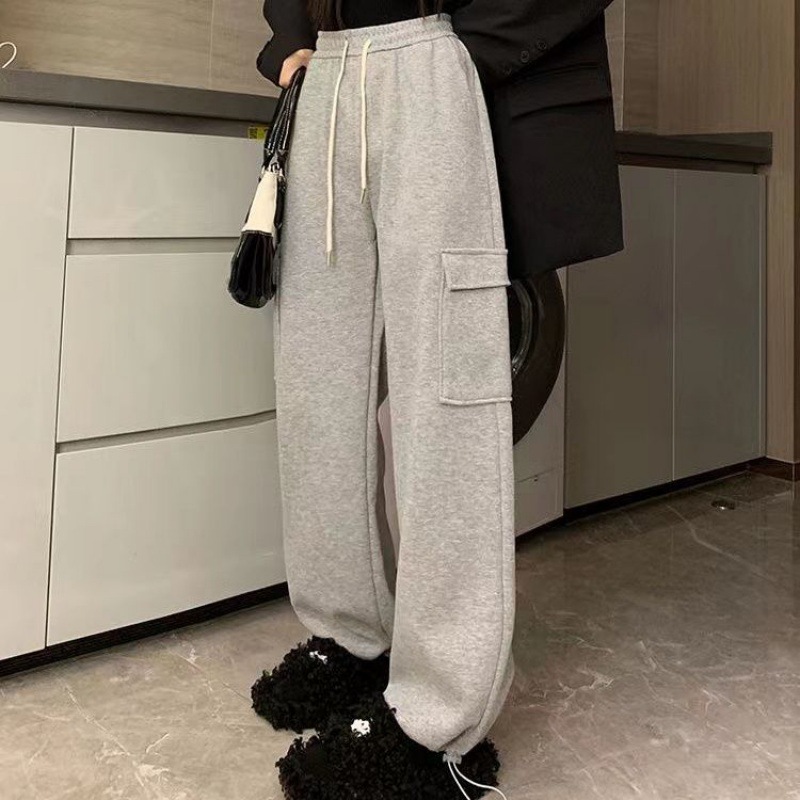 Pantalones cargo casuales de cintura alta para mujer, nuevo estilo de otoño, estilo retro americano, largos hasta el suelo, pantalones anchos de pierna recta que estilizan.
