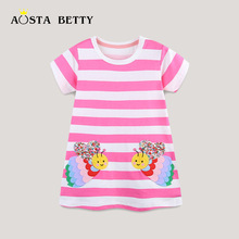 25夏季女童连衣裙欧美风卡通蜜蜂刺绣贴布公主裙时尚条纹圆领童裙