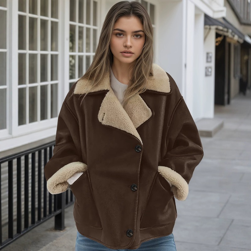 Autumn and winter foreign trade European and American style French women's clothing, warm lamb wool lapel fashion double-sided jacket, fur-integrated coat