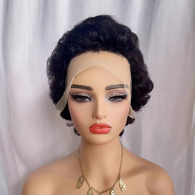 Europe and the United States foreign trade all real hair wig headgear 13X4 front lace curly short African cross-border small and medium curly hair set