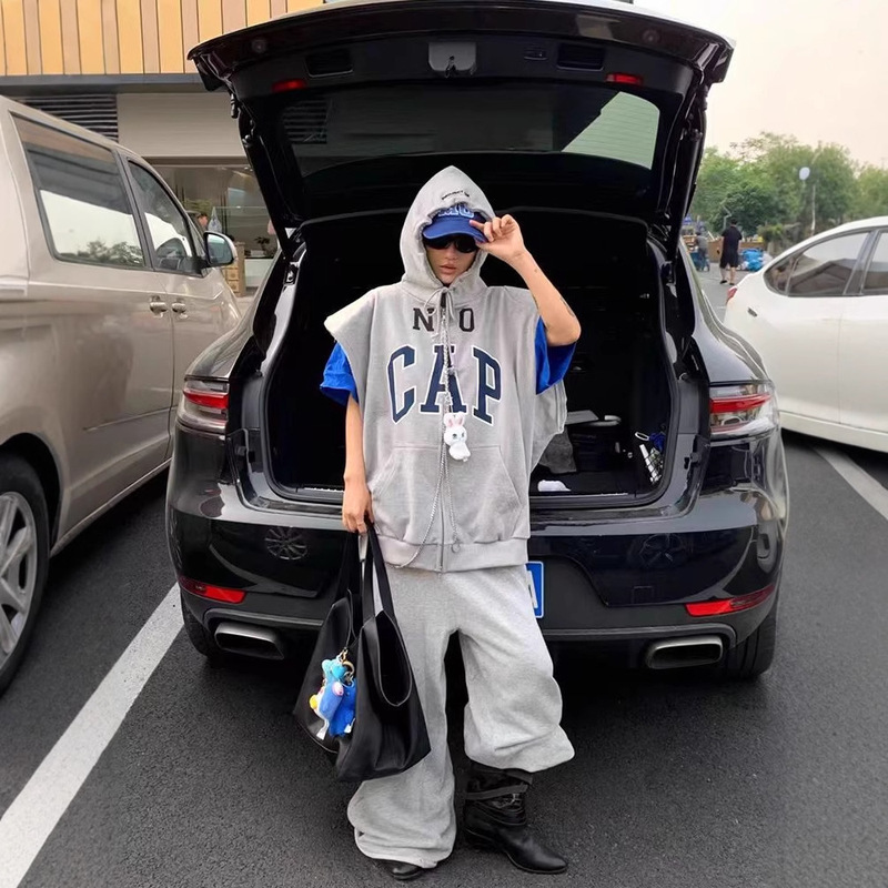 Grailz Project バイブ チョッキ シルエット ノースリーブ 肩パッド フード付き ベスト ジッパー スウェットシャツ ベスト パーカー|undefined