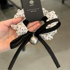 日本と韓国のインレトロな黒と白の水玉模様の高光沢パールリボンヘアロープ気質レースハイエンドヘアゴム女性用