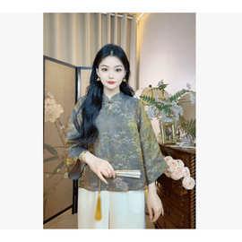 复古新中式小暗纹提花衬衫女气质百搭上衣