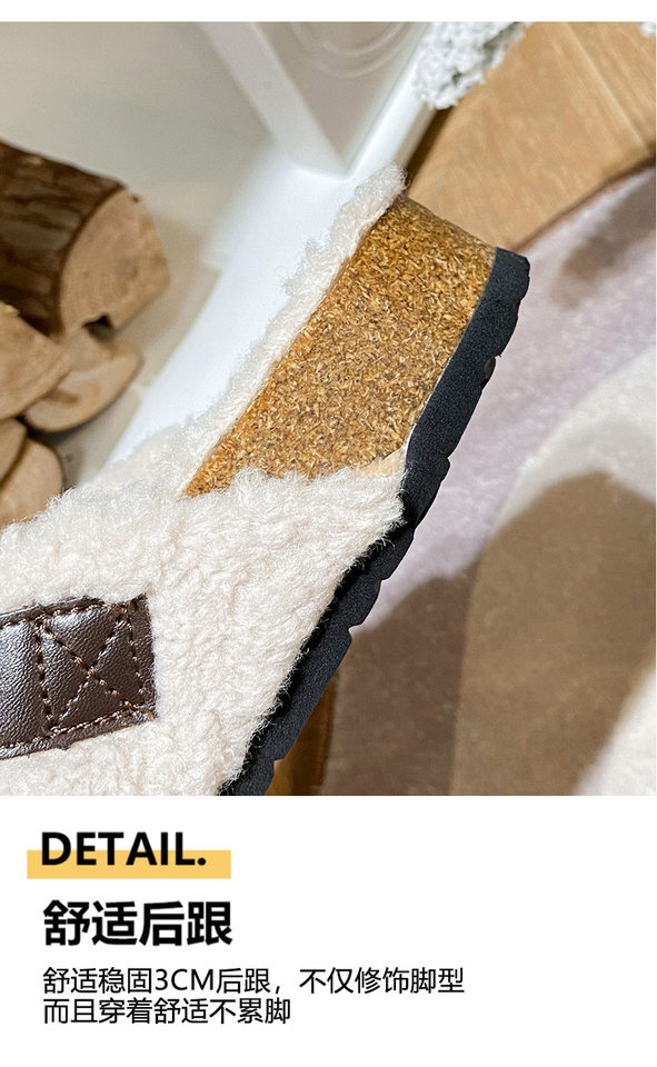 Dép nửa gót bít mũi lông xù kiểu Birkenstock cổ điển cho nữ, mũi tròn — Màu nâu, Màu trắng sữa, Màu đen chi tiết 7