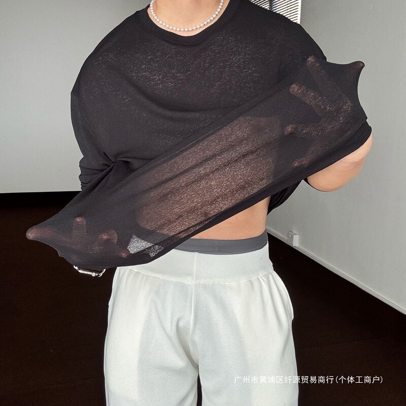 Ice-Feel Knitwear Summer Semi-Transparent Sun Protection Cover-Up Men's Pullover Loose Sweatshirt Solid Color Air-Conditioning Shirt Ice-Feel Knitwear Summer Semi-Transparent Sun Protection Cover-Up Men's Pullover Loose Sweatshirt Solid Color Air-Conditioning Shirt