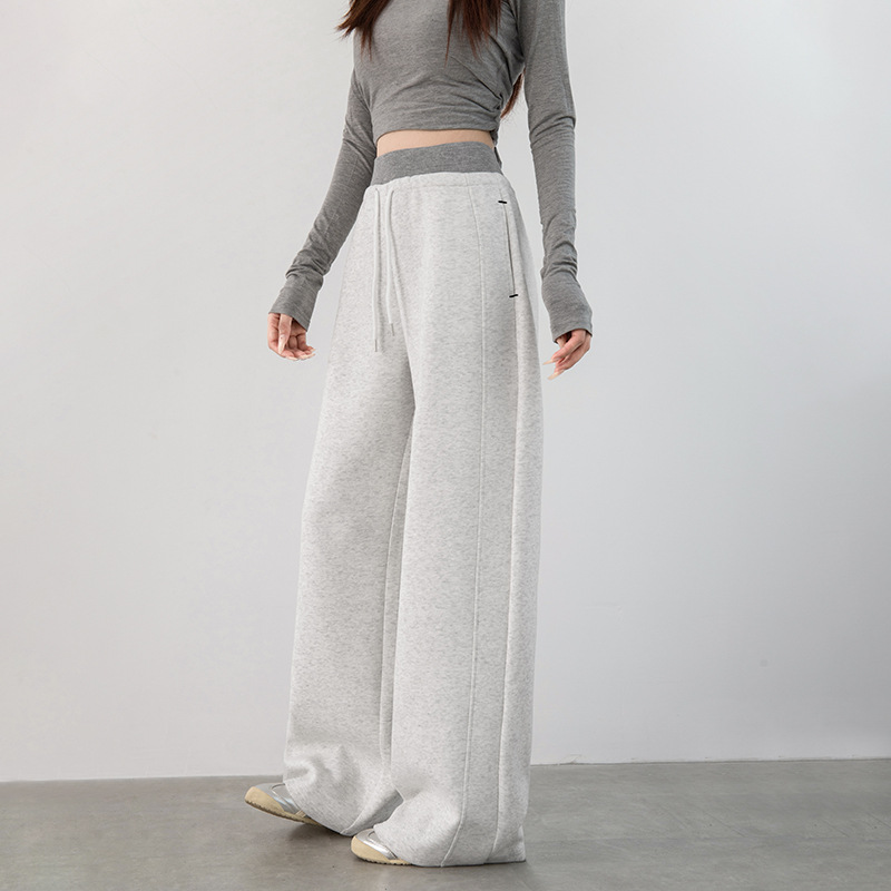 American-style white and gray women's sweatpants, new autumn and winter high-waisted straight-leg sweatpants with contrasting color waistband and wide-leg floor-length design