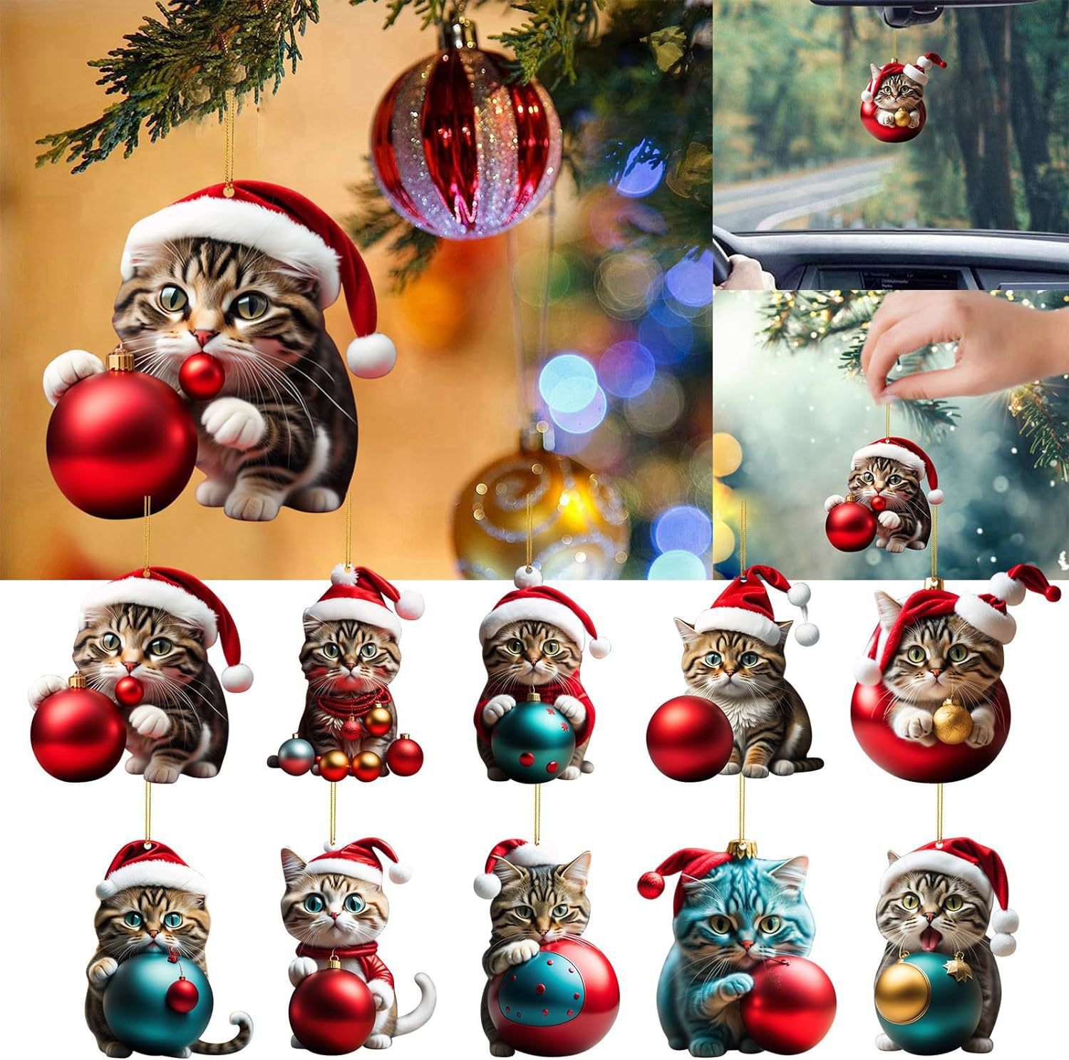 Acrílico gracioso lindo gatos voluminosos de mano bola de Navidad decoración de árbol de Navidad colgante llavero para celebrar las vacaciones