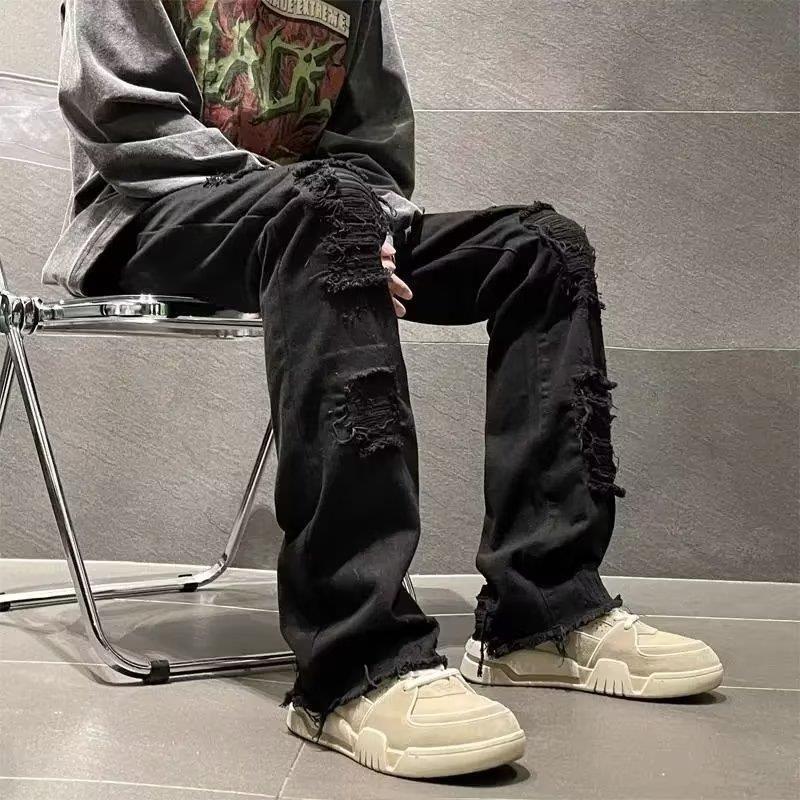 Ripped jeans men's European and American vibe style Ruan handsome straight trousers spring and autumn American high street ins retro pants