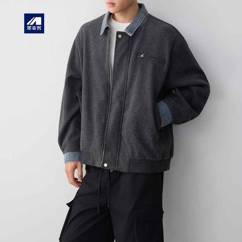 Mokamaker Men's Street Casual Faux Wool Jacket, 2026 Winter New Denim Patchwork Coat, Men's 81725 Mokamaker Men's Street Casual Faux Wool Jacket, 2026 Winter New Denim Patchwork Coat, Men's 81725