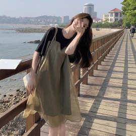 胖MM特大码法式纱裙连衣裙女夏季气质显瘦小个子拼接假两件吊带裙