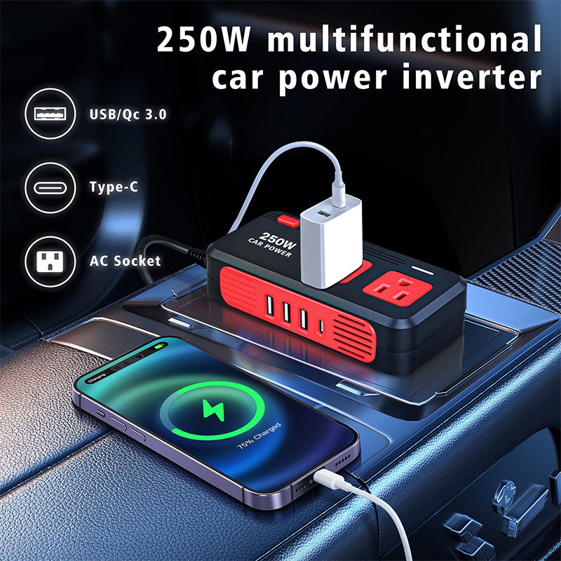 250W inversor montado en automóviles 12V 110V 220V multipuerto inversor USB QC3.0 toma de carga rápida