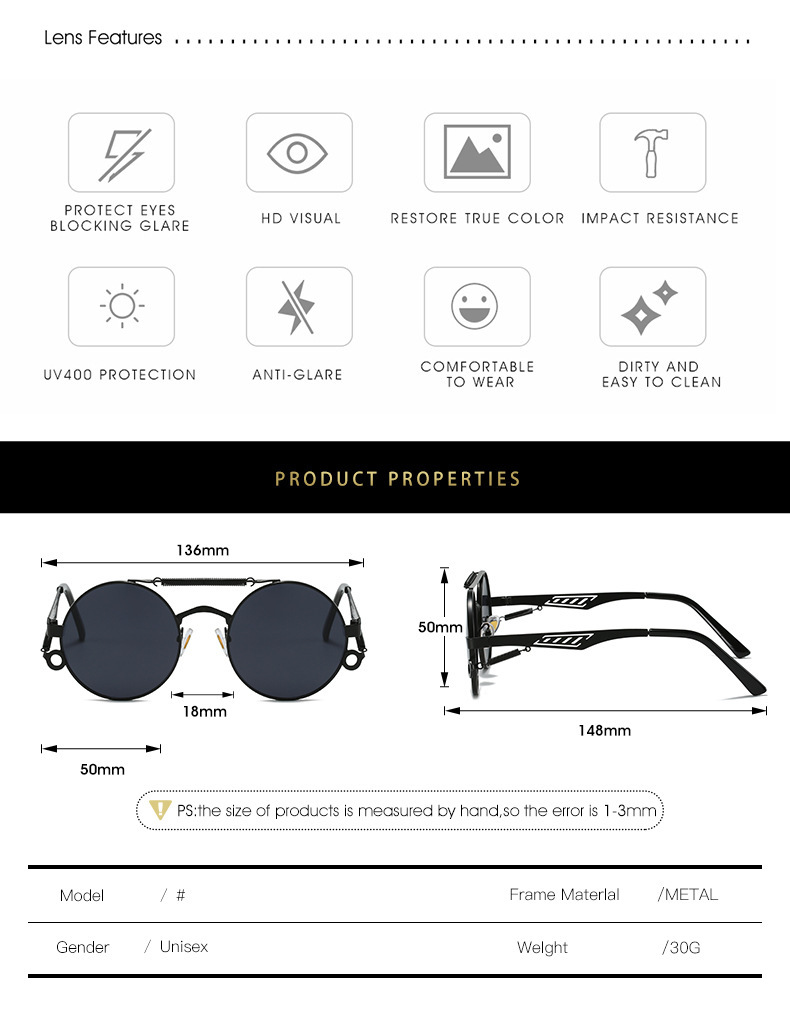54g Weight Full Frame Glasses Structure Sunglasses Classification PC, UV400 Protection Lens Material Round Frame Glasses Style Outdoor, Travel Occasion Color Block Pattern Unisex Gender Elegant, Simple Style Style Grey, Black Color Elegant Simple Style Color Block PC UV400 Protection Round Frame Full Frame Women's Sunglasses 3