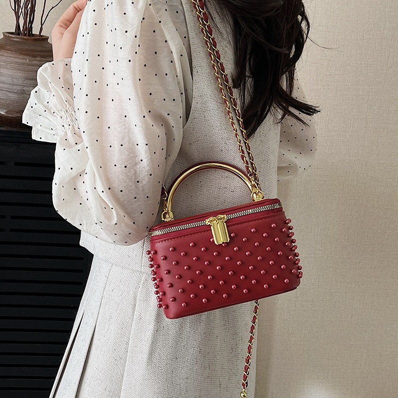 Women's Spring Style Handbag New Chain Shoulder Bag Beaded And Studded Crossbody Small Square Bag_voghion.com
