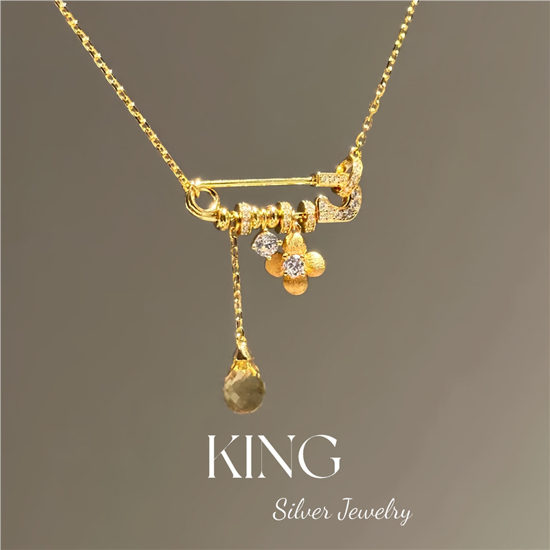 别样心意 | king银饰珠宝S925银镀金别针配水晶时尚复古纯银项链|undefined