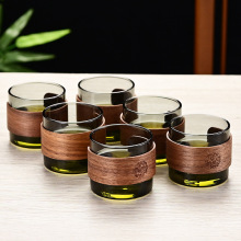 胡桃木中式玻璃茶杯个人专用主人杯耐高温玻璃杯品茗杯防烫手茶杯