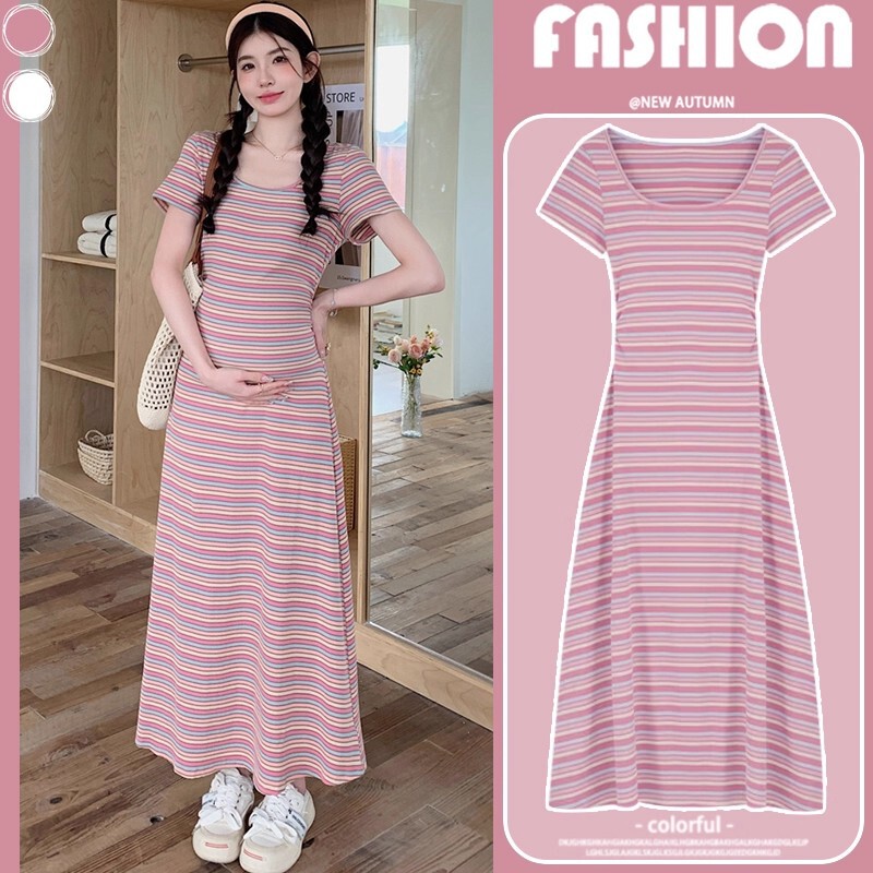 Maternity Dress Summer Dress 2025 New Style Covering Belly, Slimming Look, Stripesd Short-Sleeved Maternity Dress, Summer Long Style