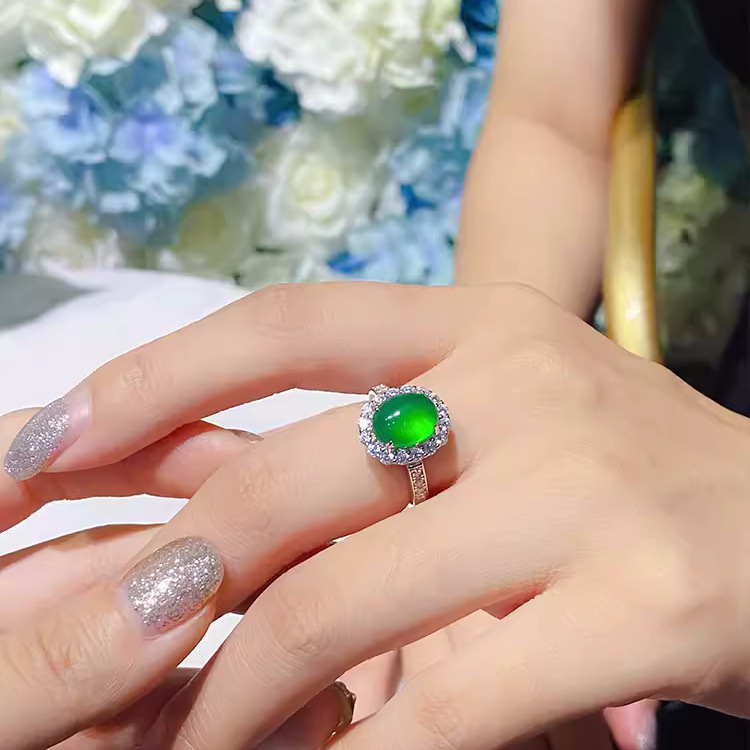 Natural Chalcedony Ring for Women Sun Green Cabochon Plated 925 Sterling Silver Ring Green Agate Comparable to Jade Adjustable Jewelry