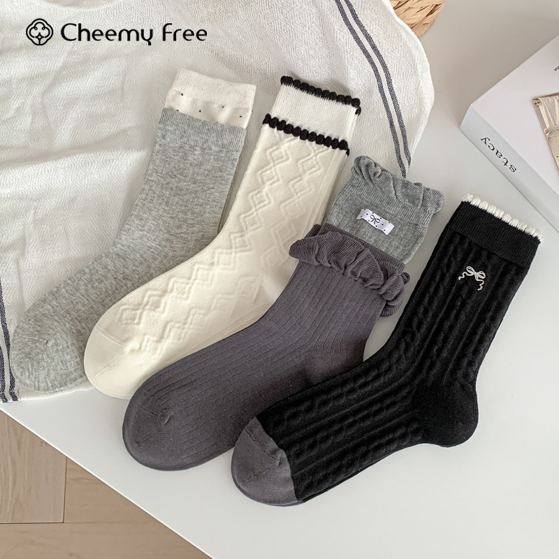 CHEEMY FREE秋冬季新款灰黑色系中筒女袜蝴蝶结ins风花边堆堆女袜|undefined