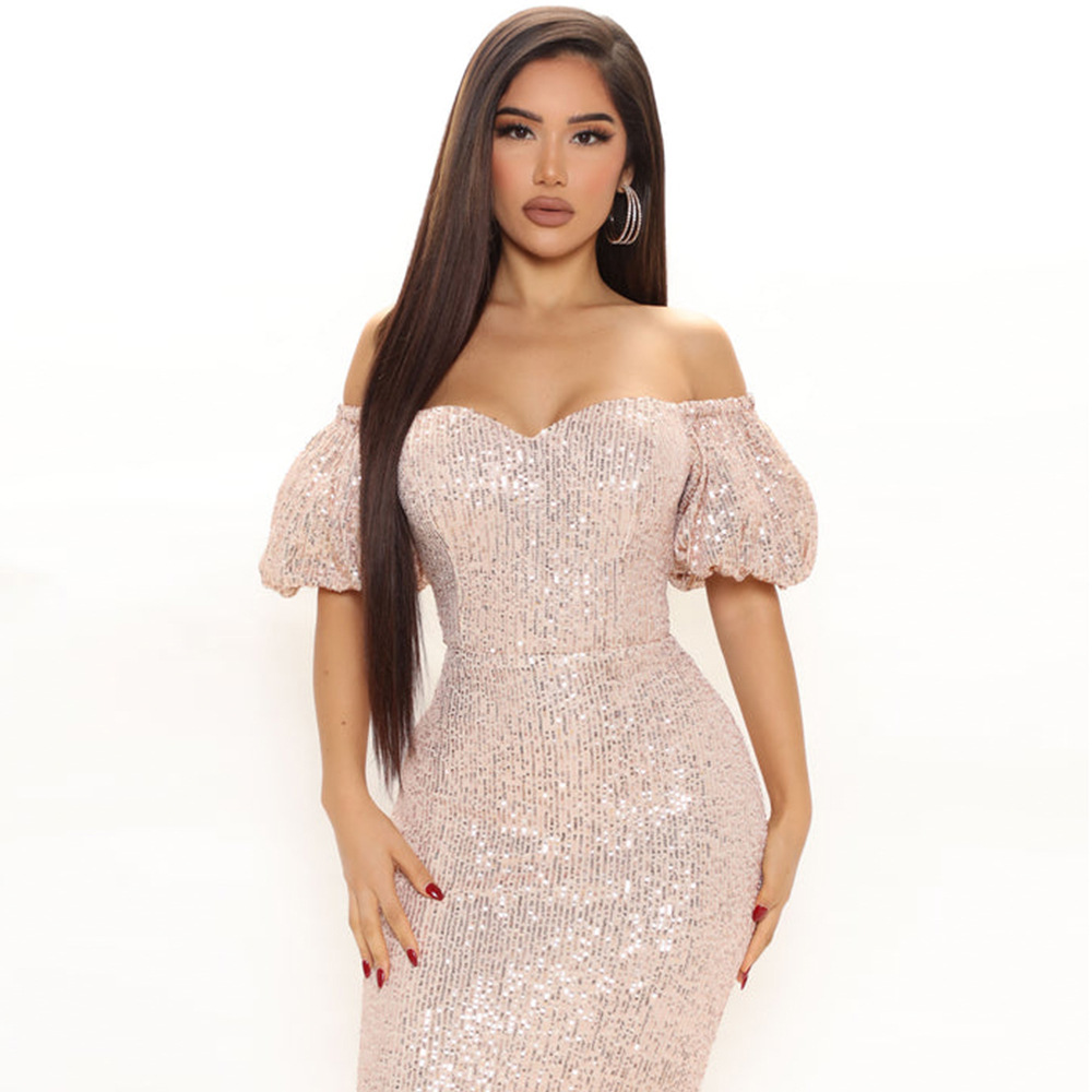 Short Sleeve Sleeve Length Pencil Skirt Dresses Type Wholesale Women'S Casual Sequins Solid Color Banquet Collarless Short Sleeve Pencil Skirt