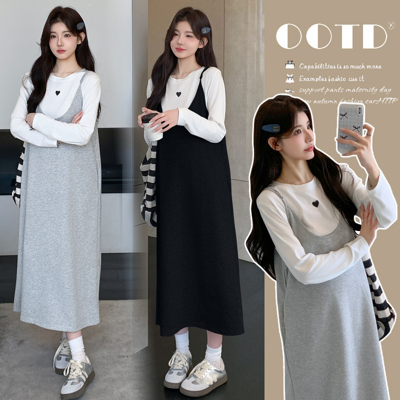 Maternity Wear Spring and Autumn 2025 New Dress Suit Simple Heart Top Suspender Skirt Autumn Wear High-End Wear