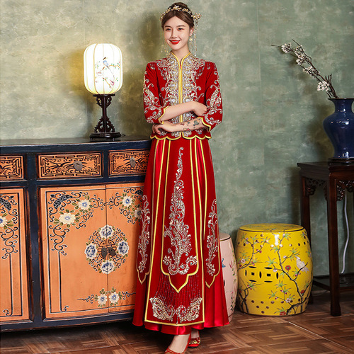 Women Chinese Wedding party Xiuhe clothing chinese wedding  party bridal gown Indian wire diamond strip embroidered bling dress for lady