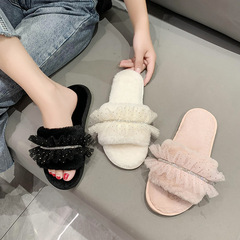 秋冬露趾毛毛拖鞋女水鑽蕾絲花邊一字毛絨拖鞋家居家月子棉拖批發